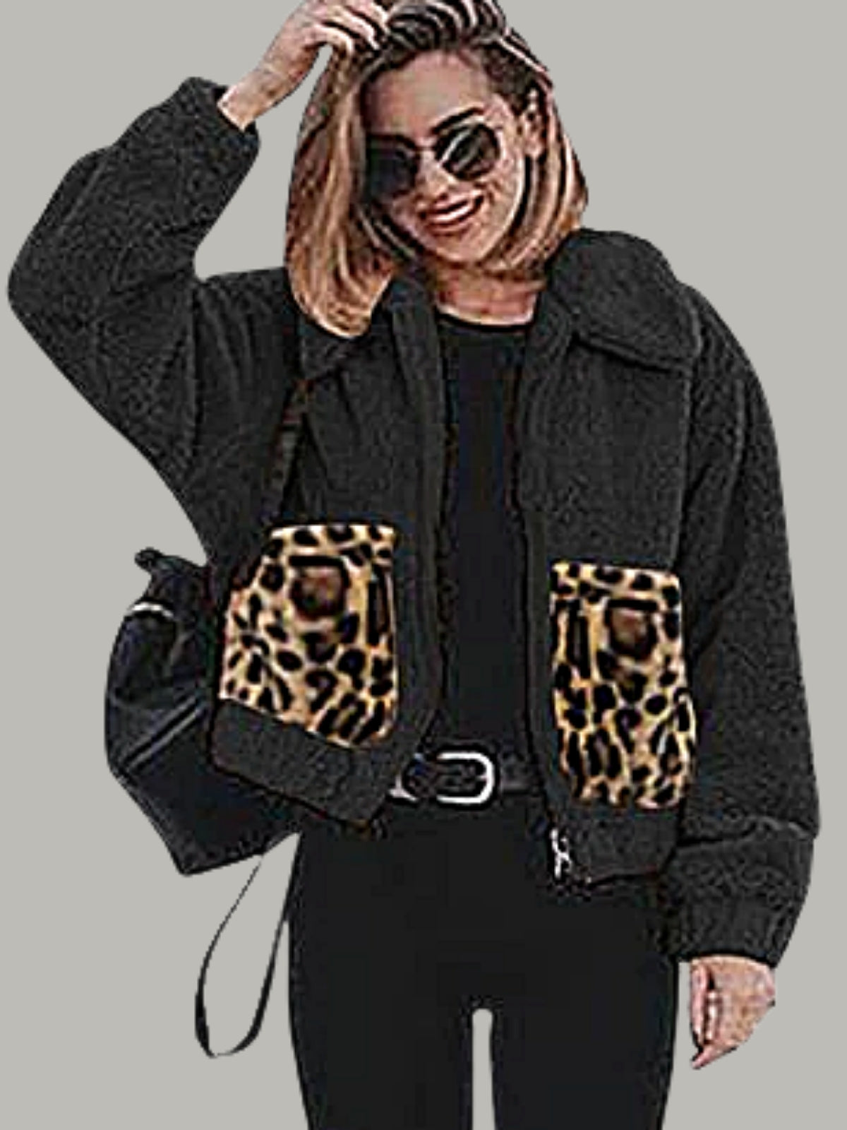 Women's Fluffy Fleece jacket with Leopard Pockets - Mia Belle Girls