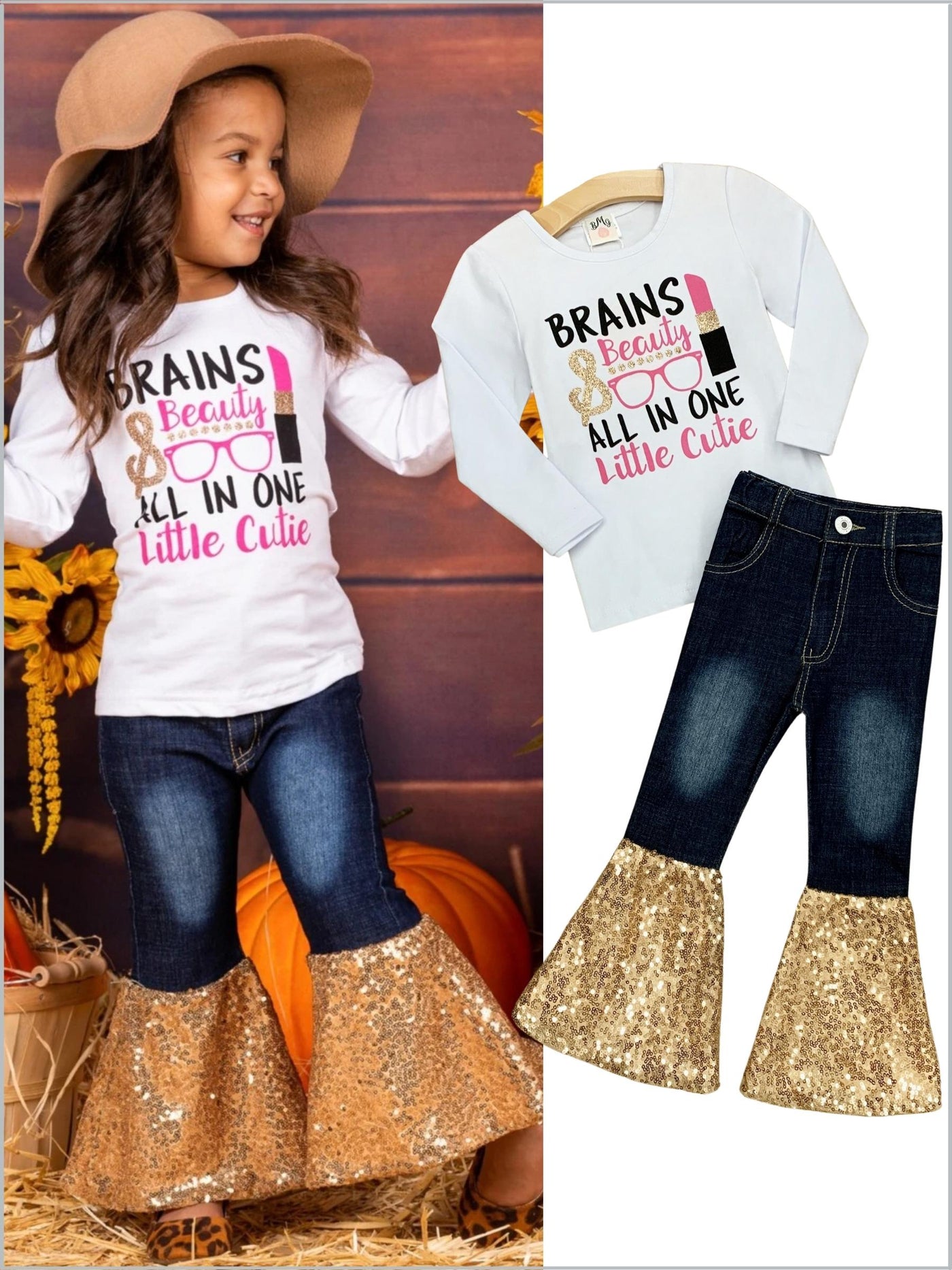 Cute Outfits For Girls | Brains & Beauty Sequin Bell Bottom Jean Set