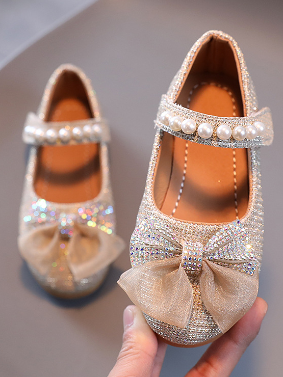 Girls Pearls and Bow Mary Jane Flats By Liv and Mia - Gold - Girls Shoes