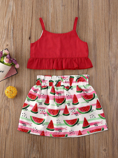 Girls Watermelon Spring Ruffle Top and Skirt Set