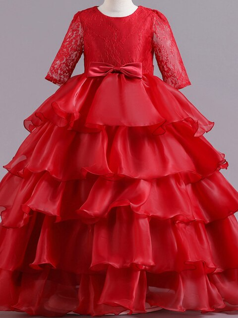 Girls Winter Holiday Dress | 3/4 Sleeve Lace Ruffle Formal Gown