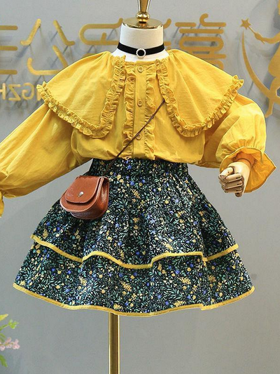 Little girls long-sleeve large ruffle bib collar button-down dress shirt and calico print tiered ruffle skirt - Mia Belle Girls
