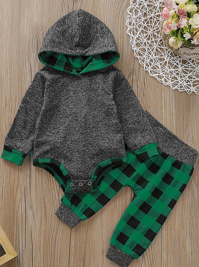 Baby Checkered Plaid Playtime Hooded Bodysuit And Pants Set Green