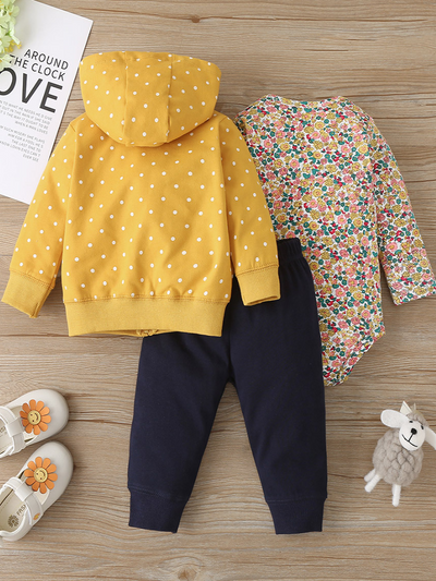 Baby Polka Dots and Petals Onesie, Hooded Sweater, and Leggings Set