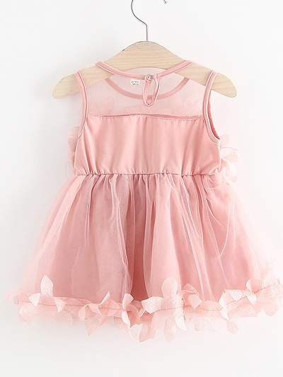 Baby tulle dress has flower applique on the bodice and dress hem pink