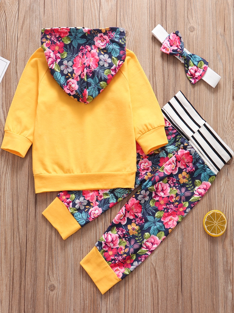 Baby Autumn Floral Fun Hooded Sweater, Legging, And Headband Set Yellow