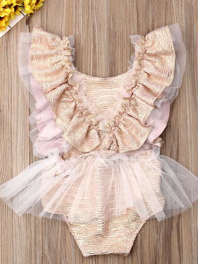 Baby ruffled tutu onesie has a cute flower applique and is a pullover style dusty pink