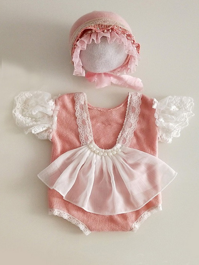 Baby set features a onesie with tulle train and little tulle ruffled sleeves and matching cap pink