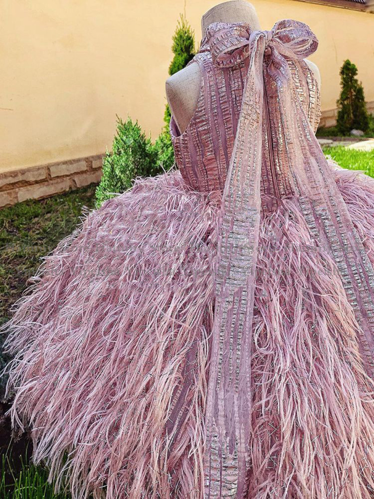 Pink Faux Feather Dress | Little Girls Formal Dress - Mia Belle Girls
