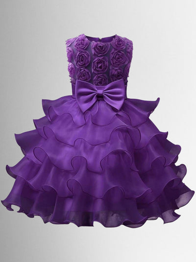 Girls Rosette Bodice Ruffled Sleeveless Flower Girl & Special Occasion Party Dress