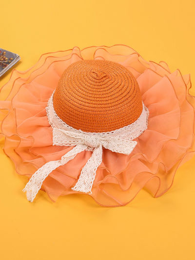 Girls Tulle Brim Straw Hat -Orange | Girls Accessories - Mia Belle Girls
