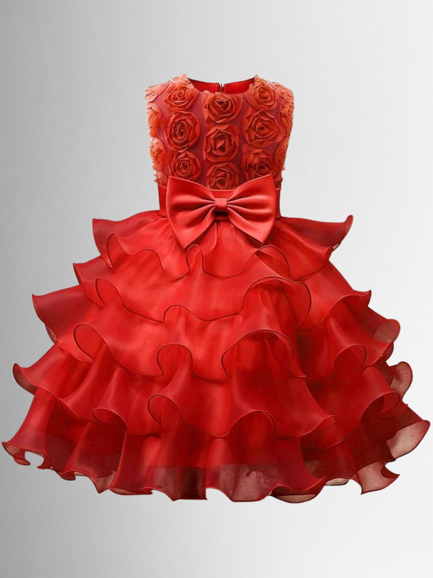 Girls Rosette Bodice Ruffled Sleeveless Flower Girl & Special Occasion Party Dress