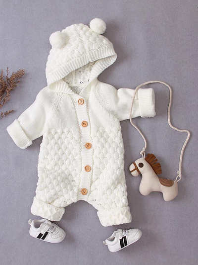 Baby Sweater Knit Fall Time Hooded Button Down Onesie White