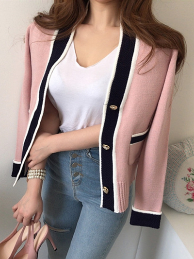 Women's Elegant Herringbone Lace Knit Cardigan Pink