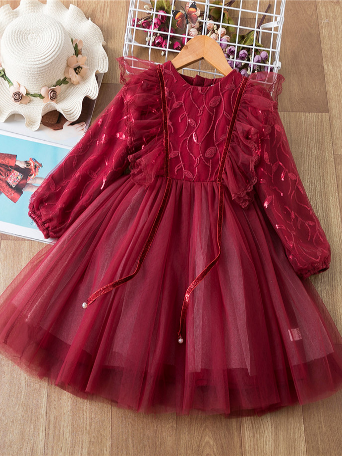 Girls Holiday Dresses | Leaf Patterned Sequin Tulle Party Dress