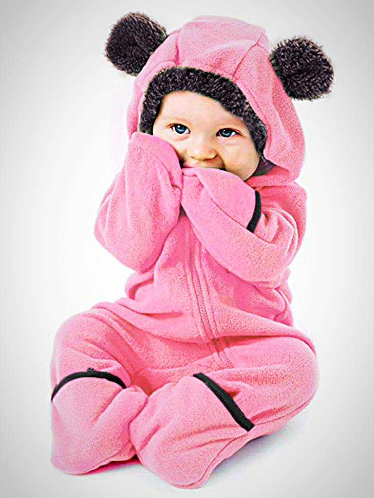 Girls  hooded jumpsuit/onesie with little ears on the hood, front zipper closure, and footies