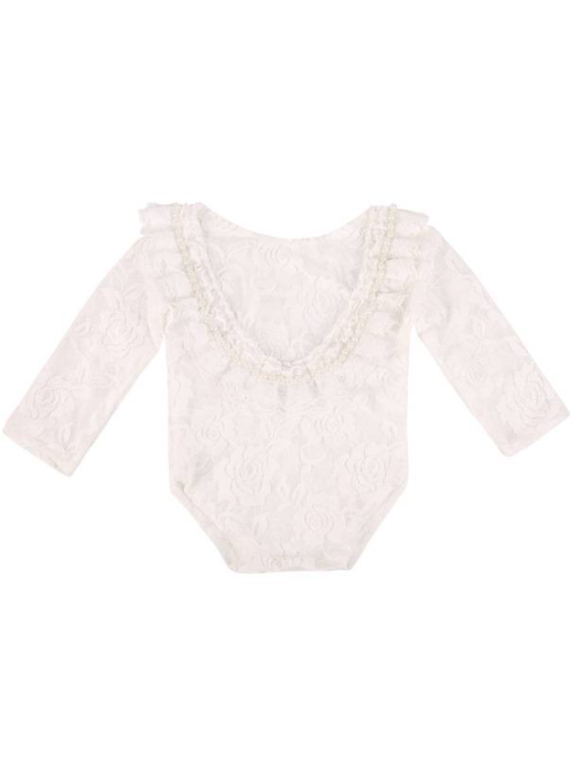 Baby lace onesie has an open back with white lace ruffles  white