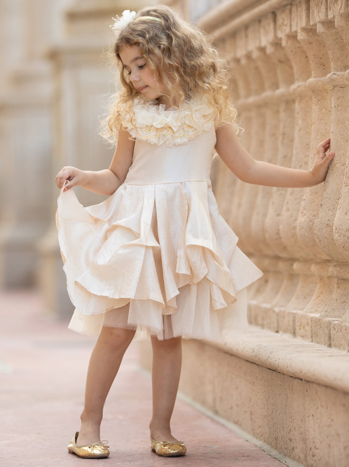 Girls Ruffled Lace Tulle Layer Dress - Champagne / 2T - Girls Spring Dressy Dress