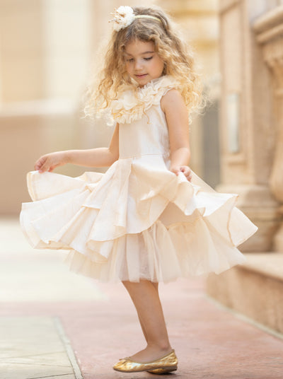 Girls Ruffled Lace Tulle Layer Dress - Champagne / 2T - Girls Spring Dressy Dress