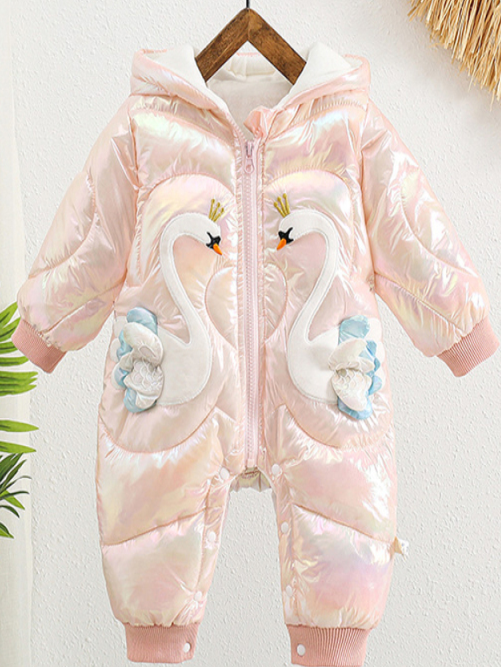 Baby Winter Sweet Swan Hooded Full Zip Jumpsuit - Pink