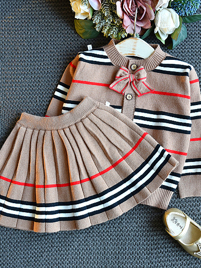 Girls Preppy Chic Set | Striped Cardigan & Skirt Set | Mia Belle Girls