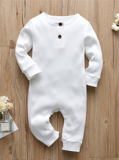 Baby Ribbed Long Sleeve Romper Onesie With Buttons Beige