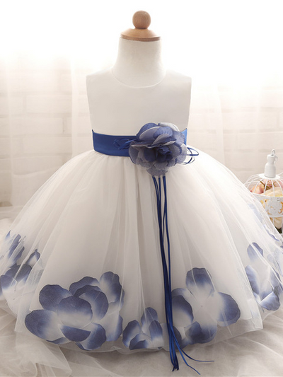 Baby Dress with Flower pedal hem and belt with flower applique blue