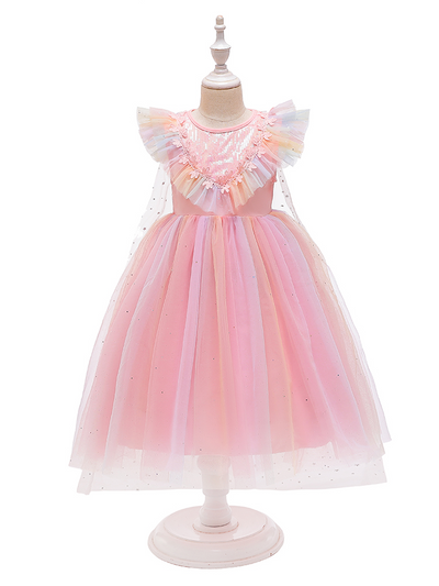 Girls Party Dresses | Pastel Rainbow Sequin Tulle Dress With Train