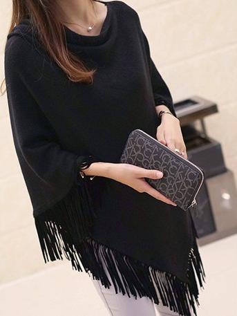 Women's Picturesque Fringe Poncho Sweater Black