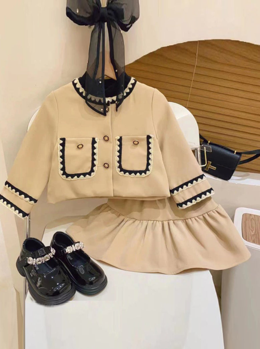 Preppy Chic Sets | Beige Eloise Jacket & Skirt Set | Mia Belle Girls