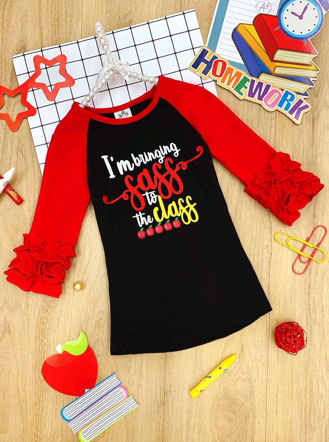 Girls 1st Day of School 1st Day of School Red And Black Long Ruffled Sleeve "Bringing Sass to the Class" Printed Color Block Top