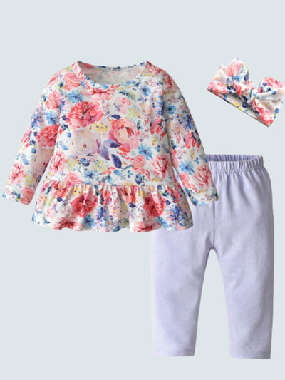 Baby Floral Funtime Long Sleeve Casual 3 Piece Set Grey