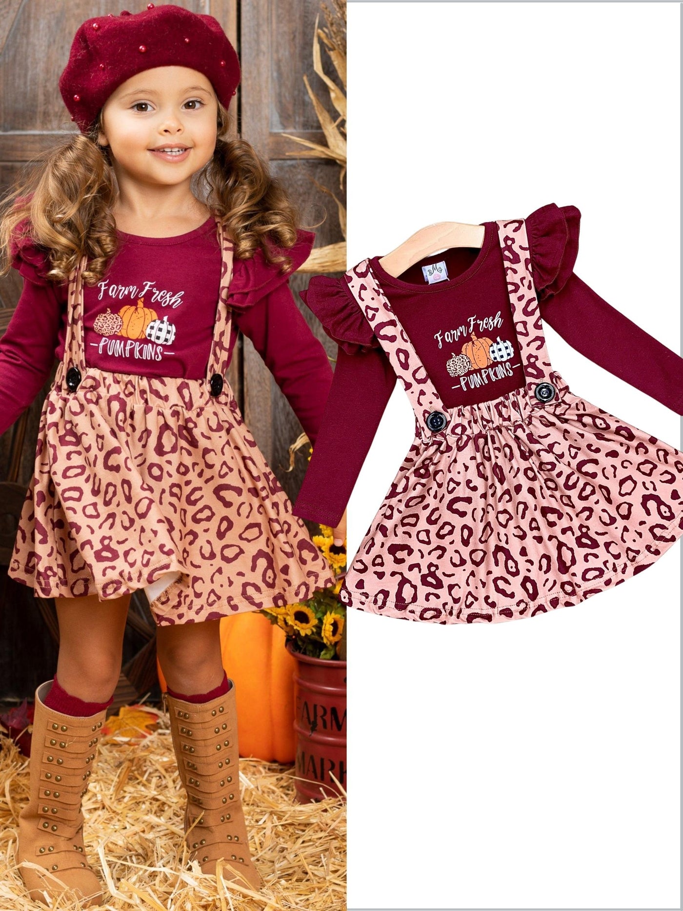 Little girls Fall long-sleeved "Farm Fresh Pumpkins" graphic top with ruffle shoulder accents and leopard print pinafore skirt - Mia Belle Girls