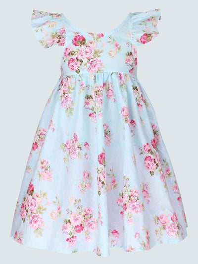 Girls Floral Print Flutter Sleeve Casual Dress - Blue / 2T - Girls Spring Casual Dress