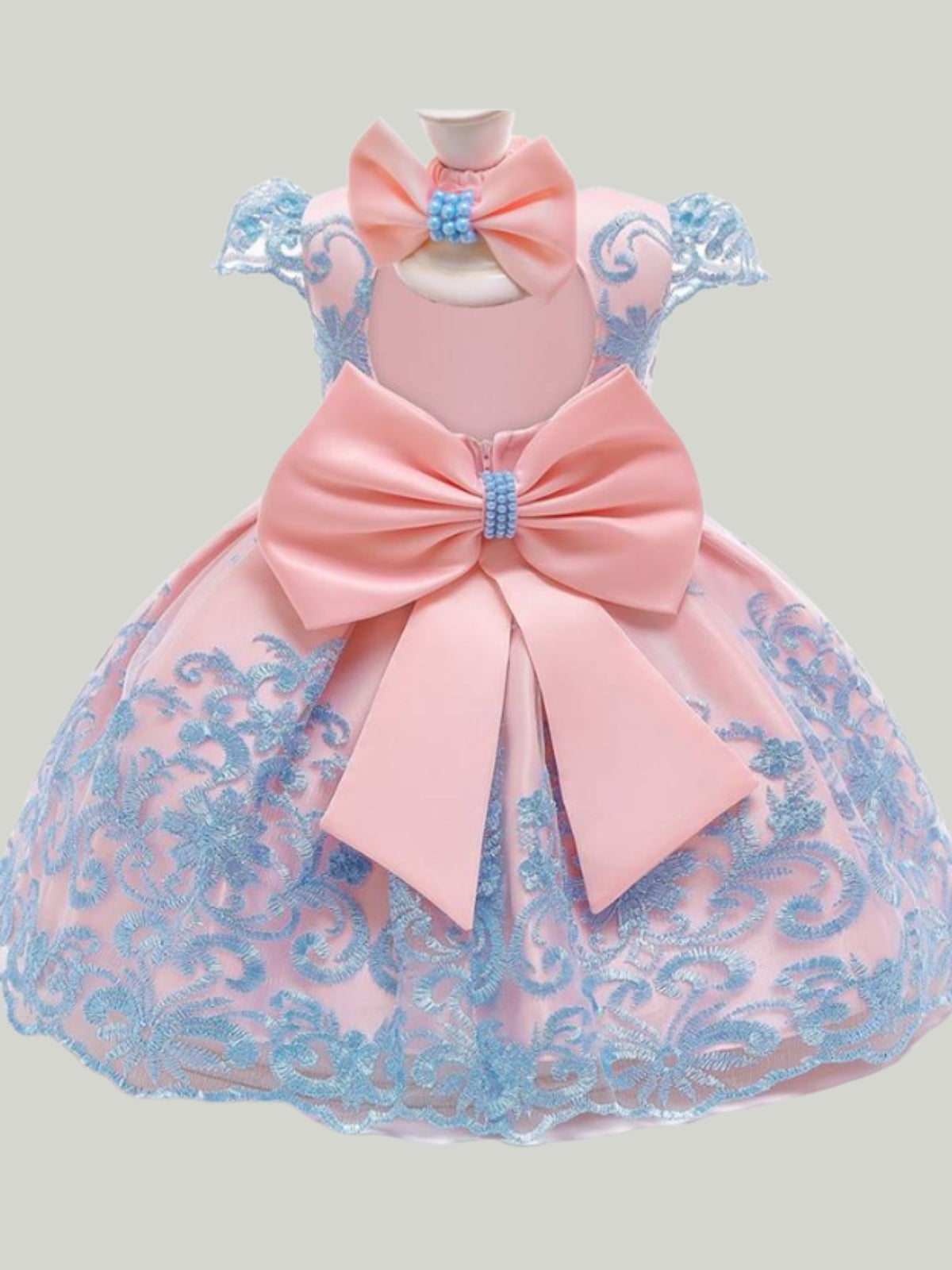Baby Floral Lace Embroidered Beaded Dress with Bow-Blue