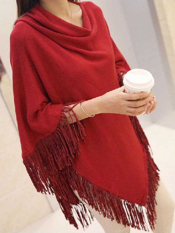 Women's Picturesque Fringe Poncho Sweater Red