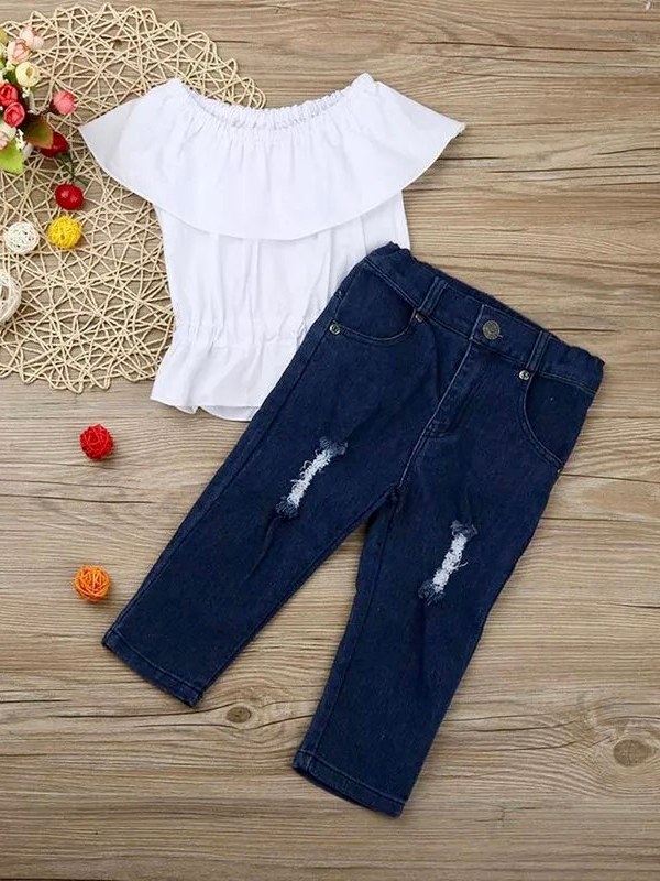 Girls Spring Outfits | Ruffle Bib White Top & Ripped Jeans Set