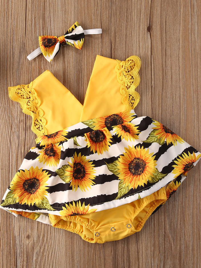 Baby yellow romper onesie with a skirt overlay with sunflower print and matching headband