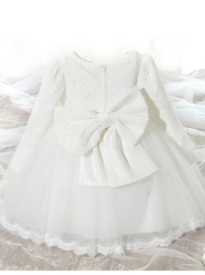 Baby Spring dress has a long-sleeved lace bodice and layered tulle skirt with a big bow the back