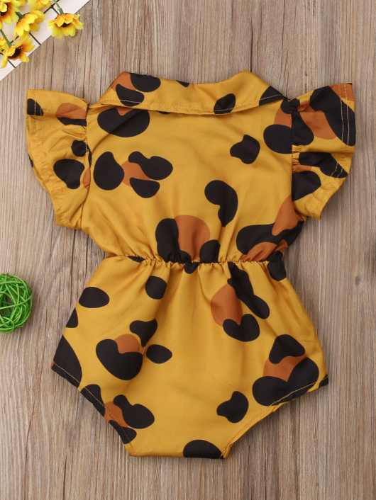 Baby onesie with ruffled short sleeves and a cute collar. Front button and elastic waist. tan with animal print