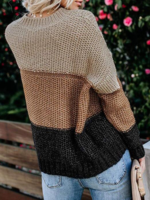 Women's Tri-Color Couture Loose Knit Long Sleeve Sweater Brown