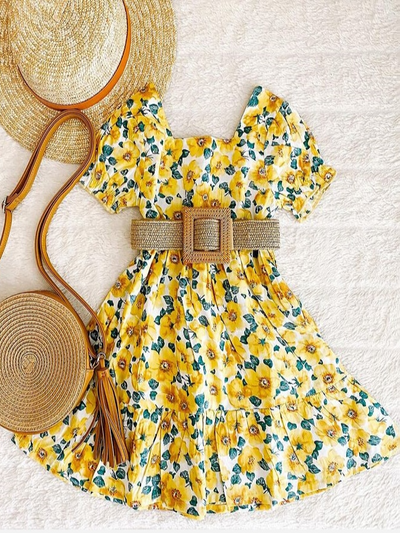 Mia Belle Girls Yellow Floral Ruffle Belted Dress | Girls Resort Wear