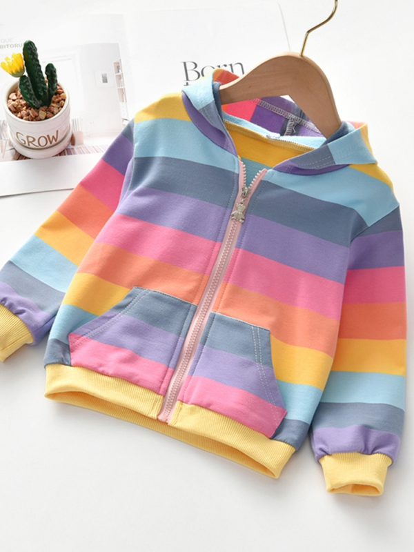 Girls Sweaters | Rainbow Striped Hoodie Jacket | Mia Belle Girls