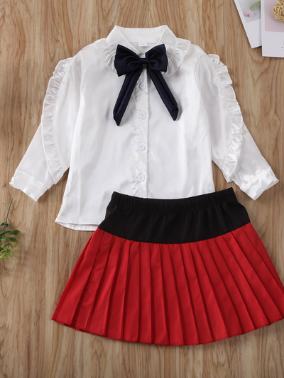 Girls Getting Ready For Picture Day Blouse and Pleated Skirt Set