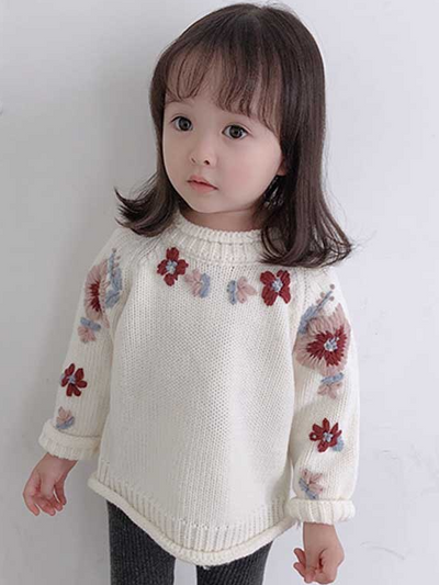 Baby Embroidered Angel Floral Long Sleeve Sweater - White