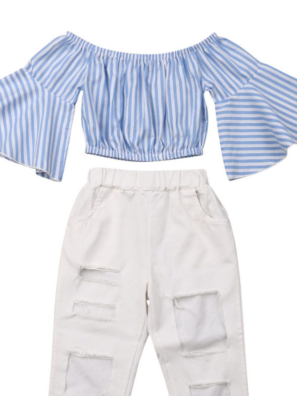 Girls Spring Outfits | Striped Bell Sleeve Top & White Denim Jeans Set
