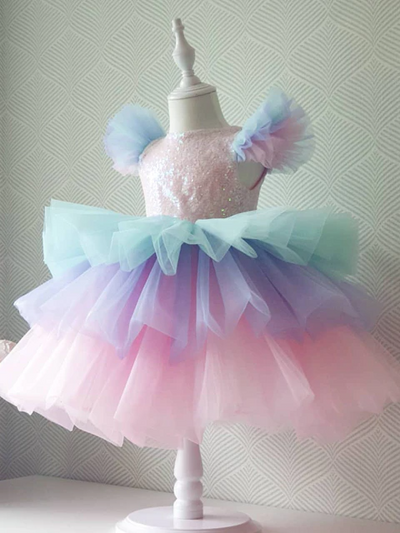 Toddler Spring Dresses | Sequined Pastel Tiered Ruffle Tulle Dress