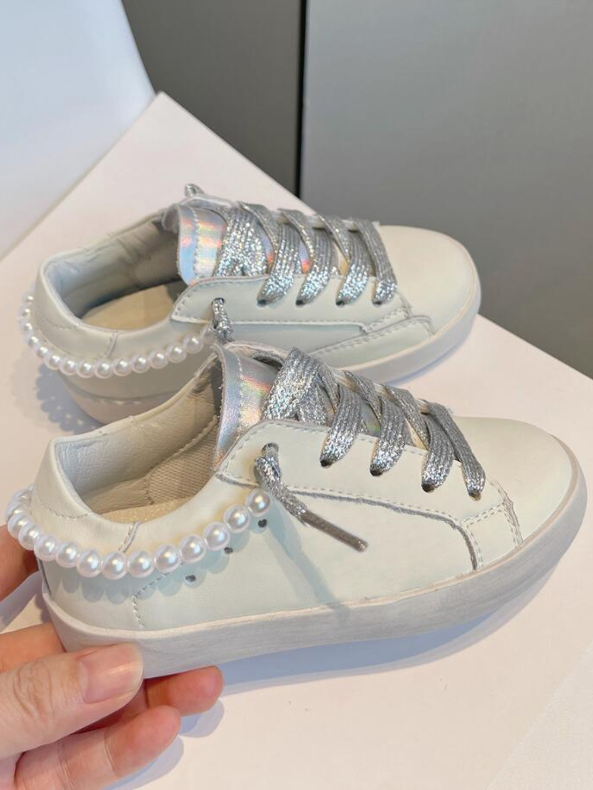 Back To School Shoes | Shimmer Laces Pearl Sneakers | Mia Belle Girls