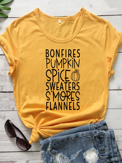 Women's "Bonfires, Pumpkin Spice, Sweaters, S'mores, Flannels" Short-Sleeved Top - Mia Belle Girls - yellow