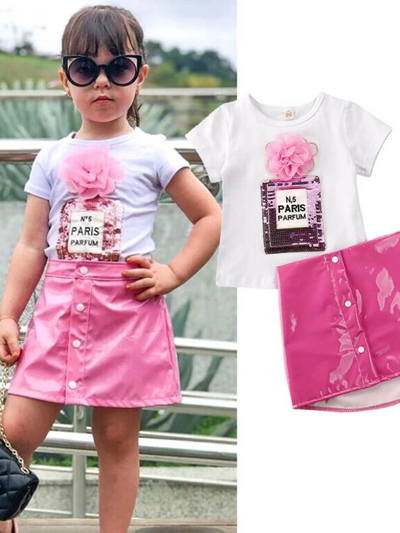 Girls Spring Outfit |Paris Parfum Sequin Top & Pink Pleather Skirt Set